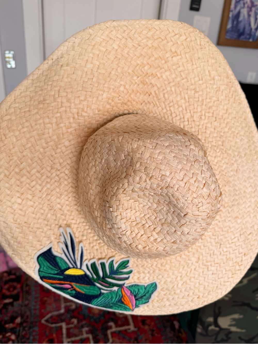 Natural Straw Sun Hat with Tropical Leaf Accent